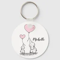 Cute cartoon elephants holding pink balloons name keychain