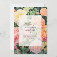 Peach, Green and Pastel Pink Floral Summer Wedding Invitation
