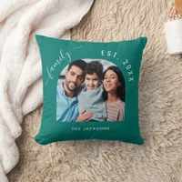 Emerald green family photo name year throw pillow