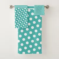 Teal White Polka Dot Monogram  Bath Towel Set