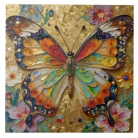 Beautiful Impasto Butterfly and Flowers   Ceramic Tile