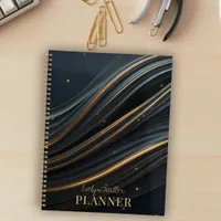 Elegant Black Waves with Golden Accents  Planner