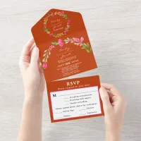 Pink Floral Greenery Orange Red Elegant Wed RSVP All In One Invitation