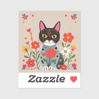 Whimsical Folk Art Black Cat and Flowers  Sticker
