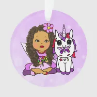 Pretty African-American Fairy and Unicorn Keepsake Ornament