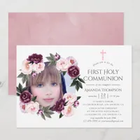 Deep Velvet and Bush Pink Floral First Communion Invitation