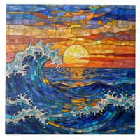 Oceanic Coastal Ocean Waves Sunset   Ceramic Tile