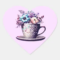 Pretty Vintage Teacup with Flowers  Heart Sticker