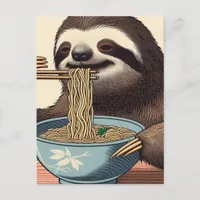 Cute Sloth Eating Ramen Woodblock Print Postcard