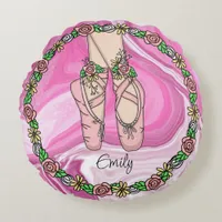Personalized Ballet Slippers Pink and White Marble Round Pillow
