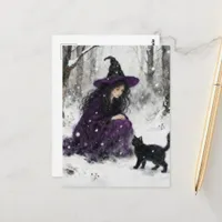 Witch With Her Black Kitty Winter Watercolor Postcard
