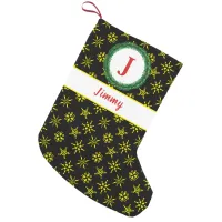 Wreath Monogram Your Name Black Yellow Snowflakes Small Christmas Stocking