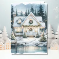 Pretty Festive House on a Frozen Lake Christmas Holiday Card