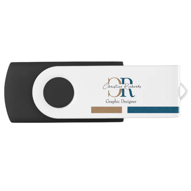 Simple Modern Blue Gold Monogram Flash Drive