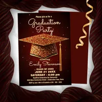 Glittering Graduation Cap & Red Sparkle Confetti  Invitation