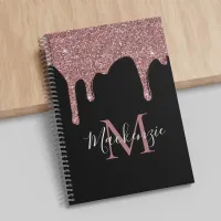 Black Rose Gold Sparkle Glitter Drips Monogram Notebook