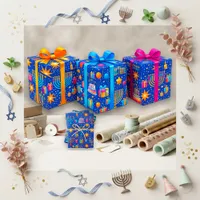 Festive Blue Painted Hanukkah Birthday Wrapping Paper Sheets