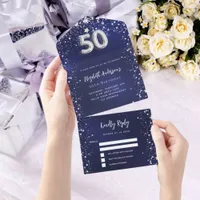50th Birthday navy blue silver stars rsvp All In One Invitation