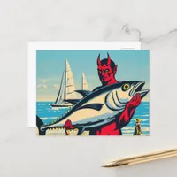 Retro Devil With A Tunafish on the Beach Postcard