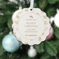 Elegant Gold Winter Leaves MIstletoe Ornament Card