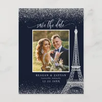 Paris Eiffel Tower Navy Silver Photo Save The Date Announcement Postcard