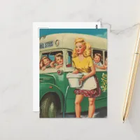 Pinup Retro Woman Washing a School Bus Postcard