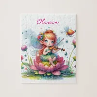 Cute Anime Girl with Violin on Lotus Flower Jigsaw Puzzle