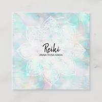*~* Pearl White Mandala Pastel Pink Yellow Blue Square Business Card