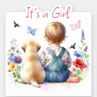 Baby Girl and her Puppy | It's a Girl Watercolor Sticker