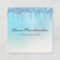 Blue Glitter Dripping Minimalist Professional Square Business Card