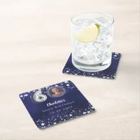60th birthday navy blue silver stars photo square paper coaster