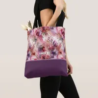 Pink and Purple Flowers Alcohol Ink Color Block Tote Bag