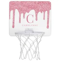 Blush Pink Sparkle Glitter Drips Monogram Mini Basketball Hoop