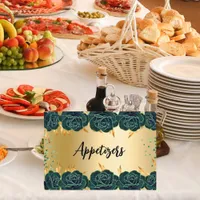 Emerald green gold flowers party food table card