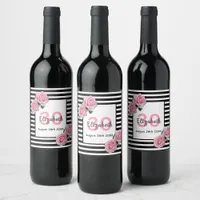 30th birthday pink roses black white stripes wine label