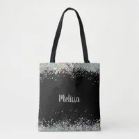 Elegant Black With Silver Glitter Monogram Tote Bag