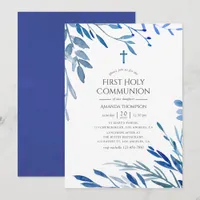 Watercolor Navy Indigo Leaves First Communion Invitation