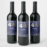 40th birthday navy blue silver stars photo wine label