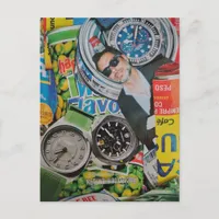 Canned Food Watches and Man Collage Postcard