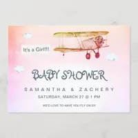 *~* Vintage Plane Clouds Banner Baby Girl Shower Invitation