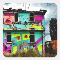 Pink and Teal Graffiti Art | Abandoned House Square Sticker