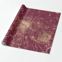 Vintage Burgundy Red and Gold Travel Map Wrapping Paper