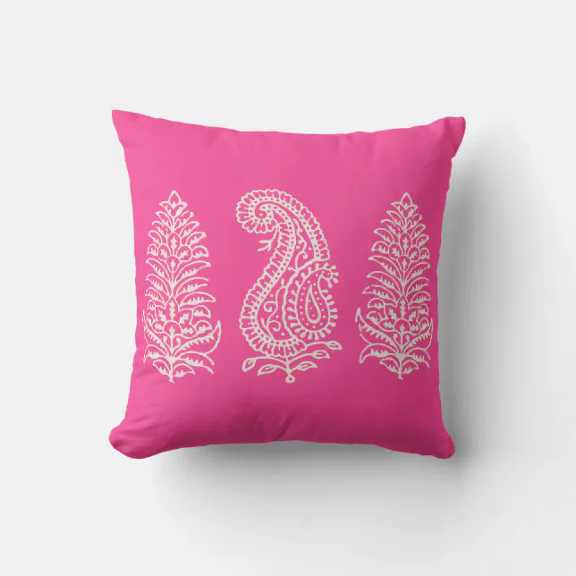 Indian Motif Handblock Print Light Cream on Pink Throw Pillow