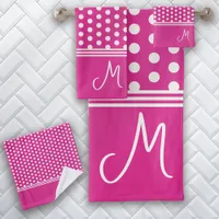 Hot Pink Monogram Polka Dot Spotty Bath Towel Set