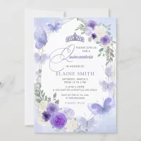 Rustic Floral Purple Lilac Butterflies Quinceanera Invitation