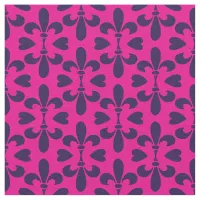 Cerise Pink and Deep Blue Heraldic Fleur-de-Lys Fabric