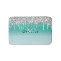 Monogram Aqua Blue Metallic + Silver Glitter Drips Bath Mat