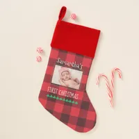 Baby’s First Christmas Photo and Red Plaid Christmas Stocking