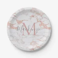 Girly Rose Gold Foil | Marble Monogram Paper Plates