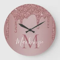 Elegant Rose Gold Sparkle Glitter Drips Monogram Large Clock
